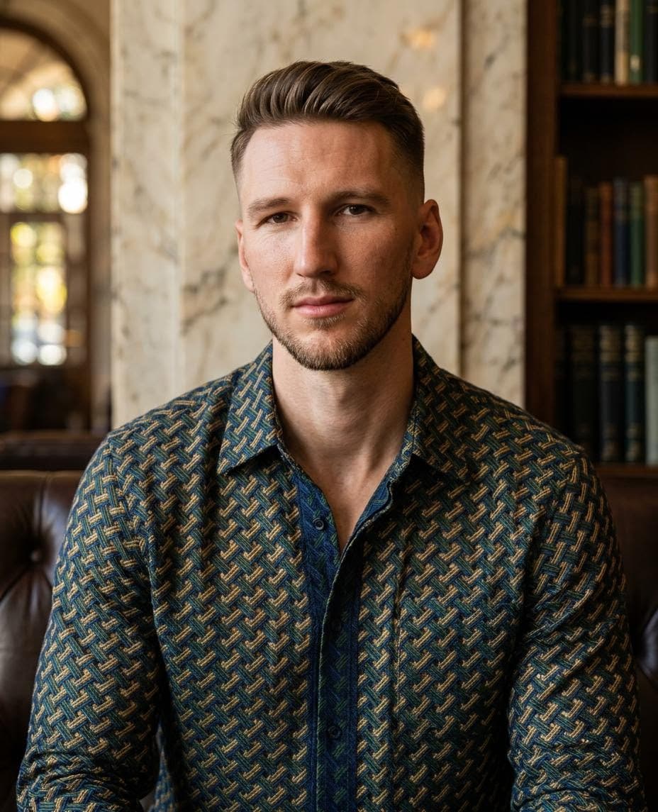 AI generated: Professional portrait of a 33-year-old white German man, golden dark/ blonde fade cut, broad shoulde...
