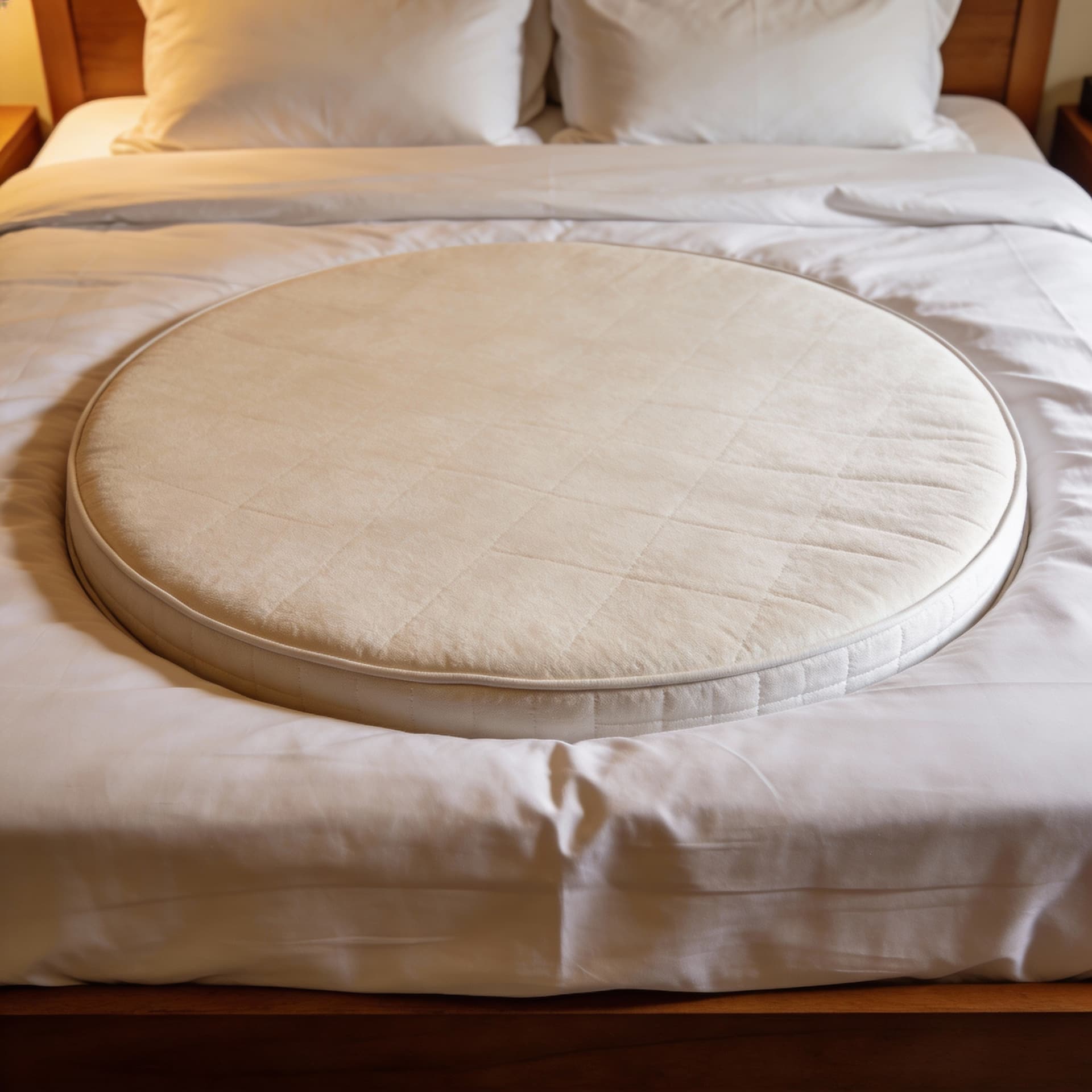 AI generated: take a photo in which a circular mattress is visible in a hotel bed