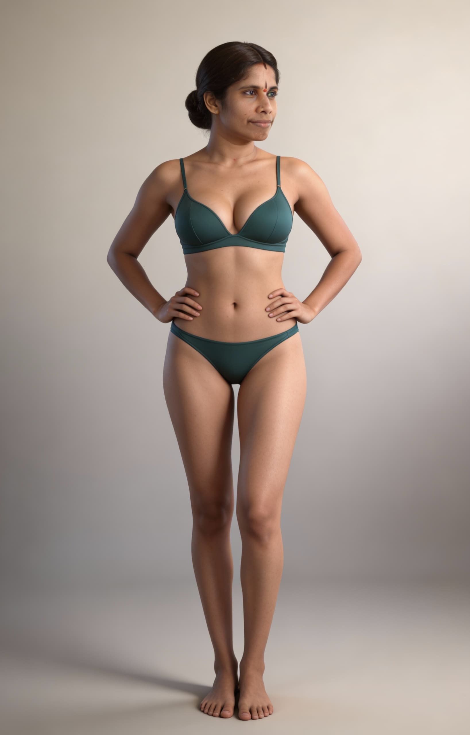 AI generated:  "A hyper-realistic, ultra-detailed full-body depiction of the same woman (173 cm) with a tall, well...