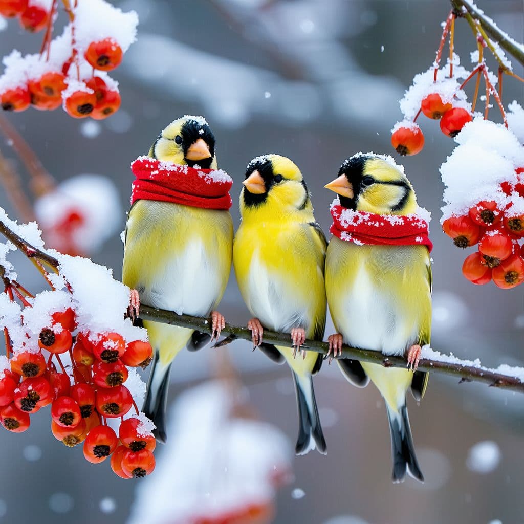 AI generated: Three plump goldfinches in scarves sit on a rowan tree against a background of snow.