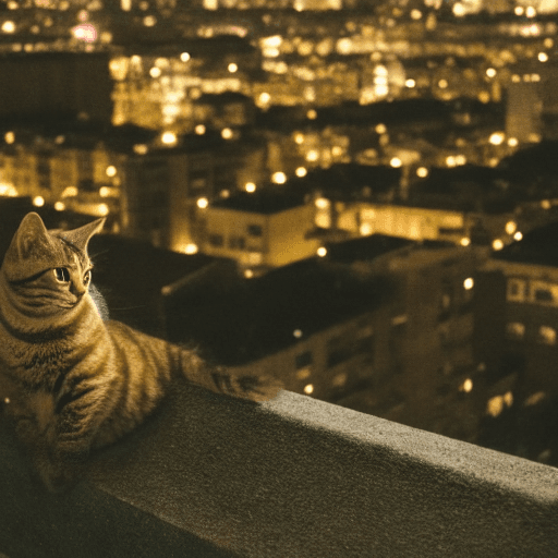 AI generated: cat black watching over abandoned city in night