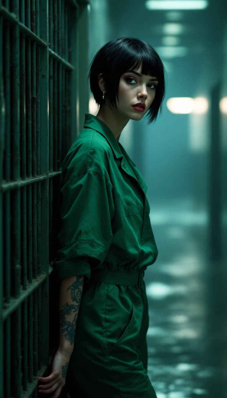 AI generated: Full body view of a female prisoner gorgeous short black hair, prison, green suit, cell, tattoo, (ta...