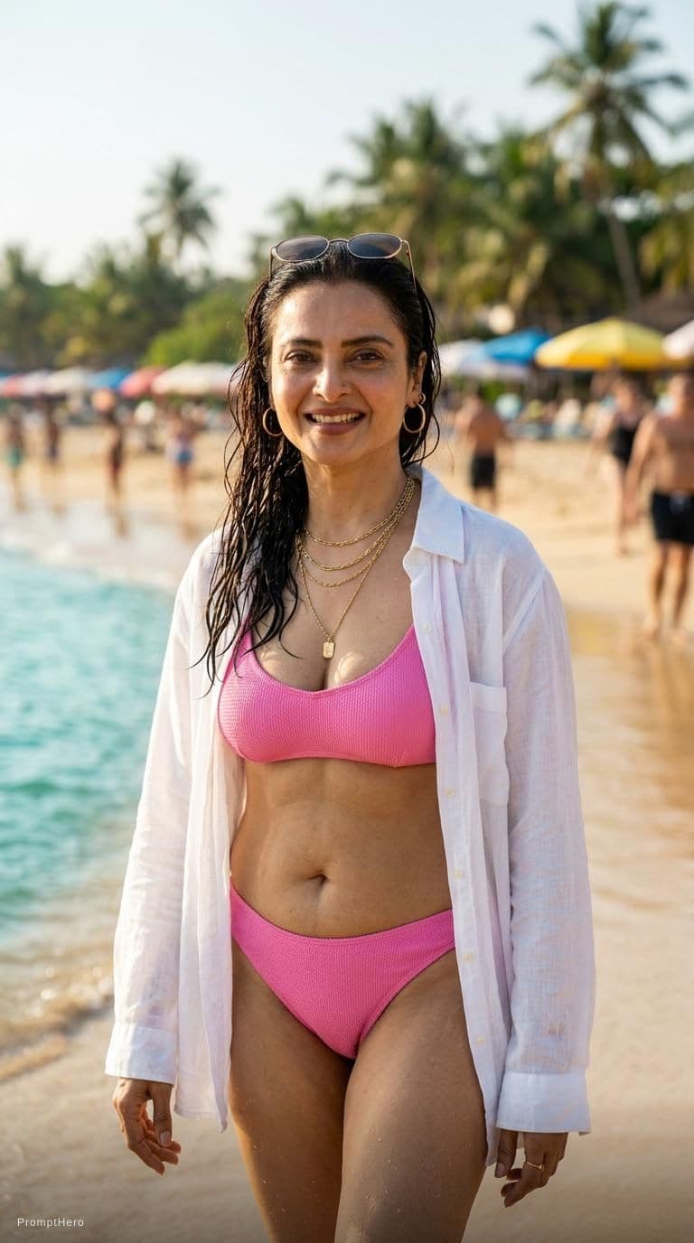 AI generated: Candid photo of Bollywood actress Rekha recent curvy body structure enjoying summer vacation at the ...