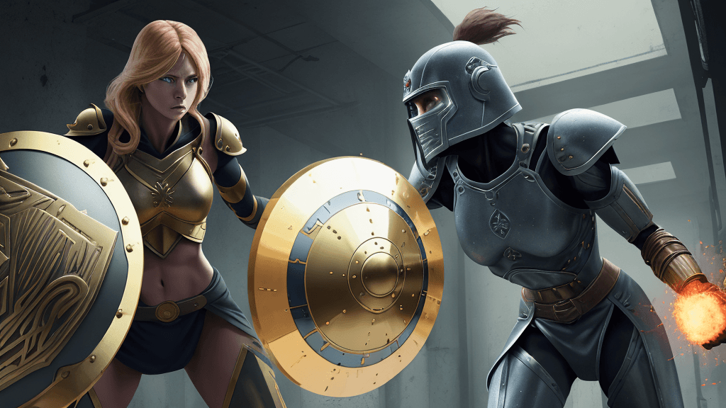 AI generated: 
Secret laboratory, warriors with shields
 in investigations, humans, action, force 
