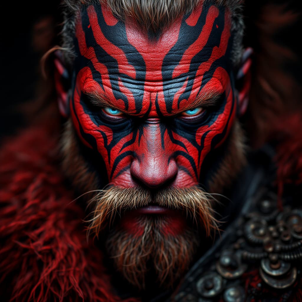 AI generated: hyperrealistic style, portrait photo of a Viking warrior chief, tribal panther make up, red on black...