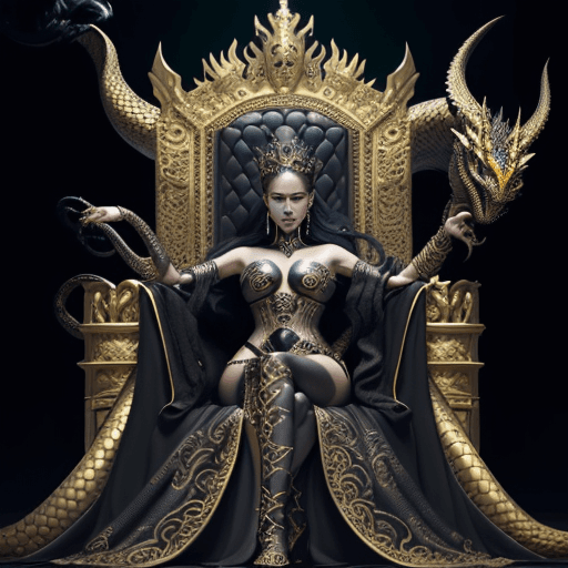 AI generated: A very beautiful queen sitting on a black throne made of gold, with a serpent-dragon like elements a...