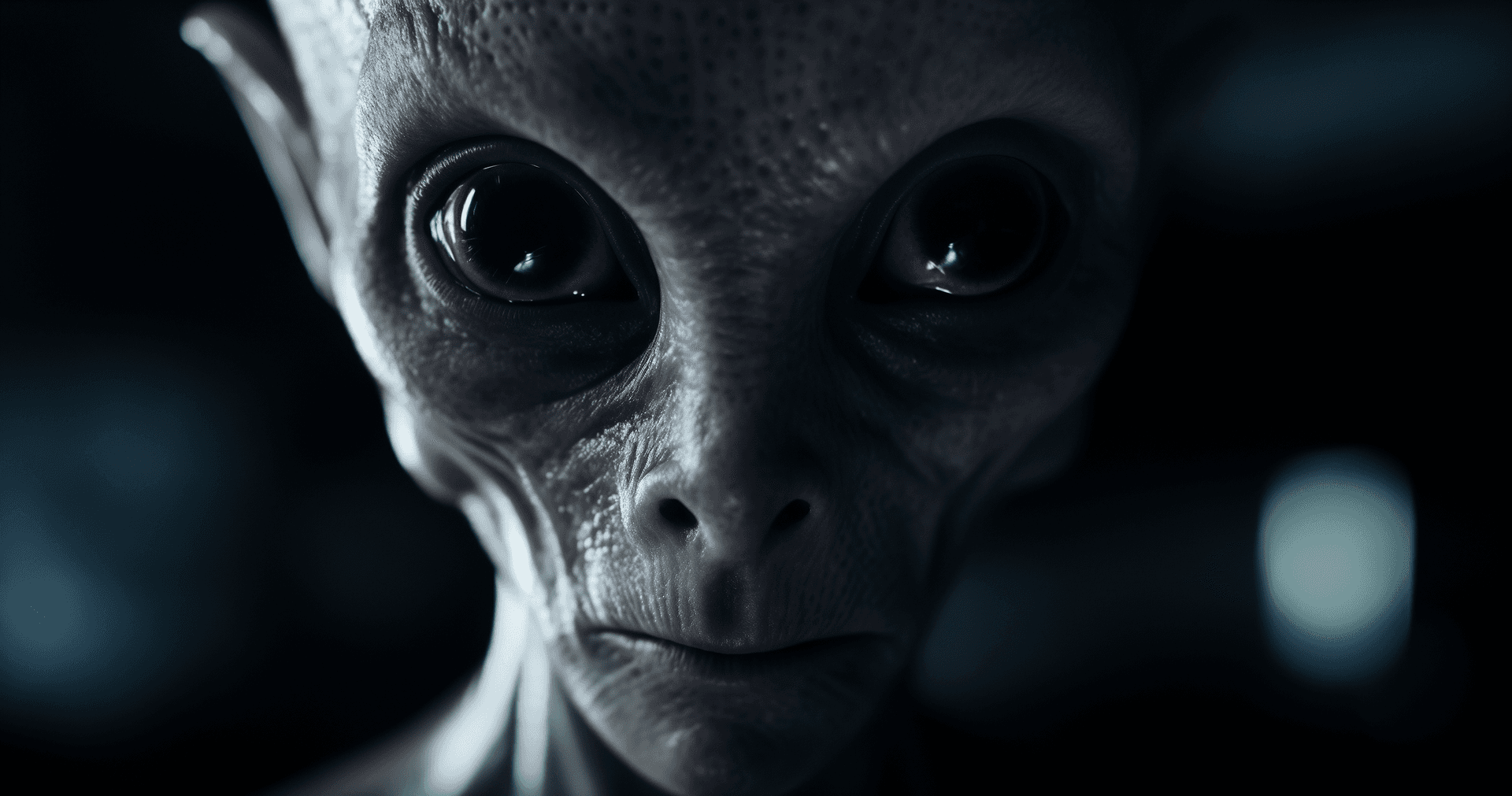 AI generated: An out-of-focus photograph of an alien with large black eyes. The face is pale and smooth against a ...