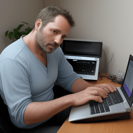 AI generated: 40 year old man typing on a computer in his bedroom an idea that will revolutionize the world