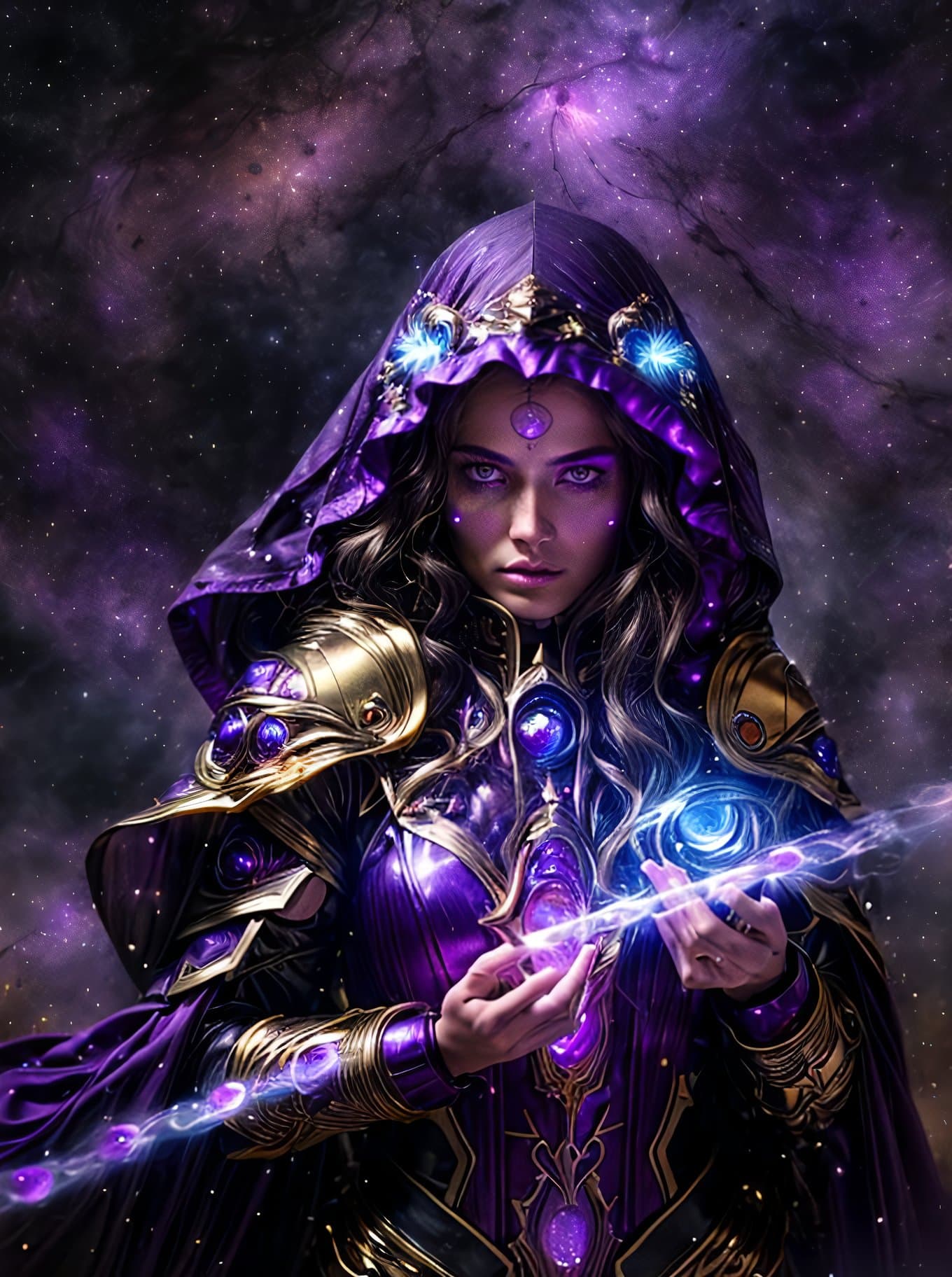 AI generated: golden armored woman made of stars and colorful space light, (badass:1.3), mighty goddess of the nig...