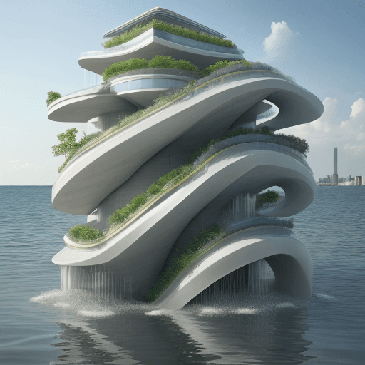 AI generated: architecture, water co-habitation, design, rising sea levels, conceptual, level changes, flowing, fr...