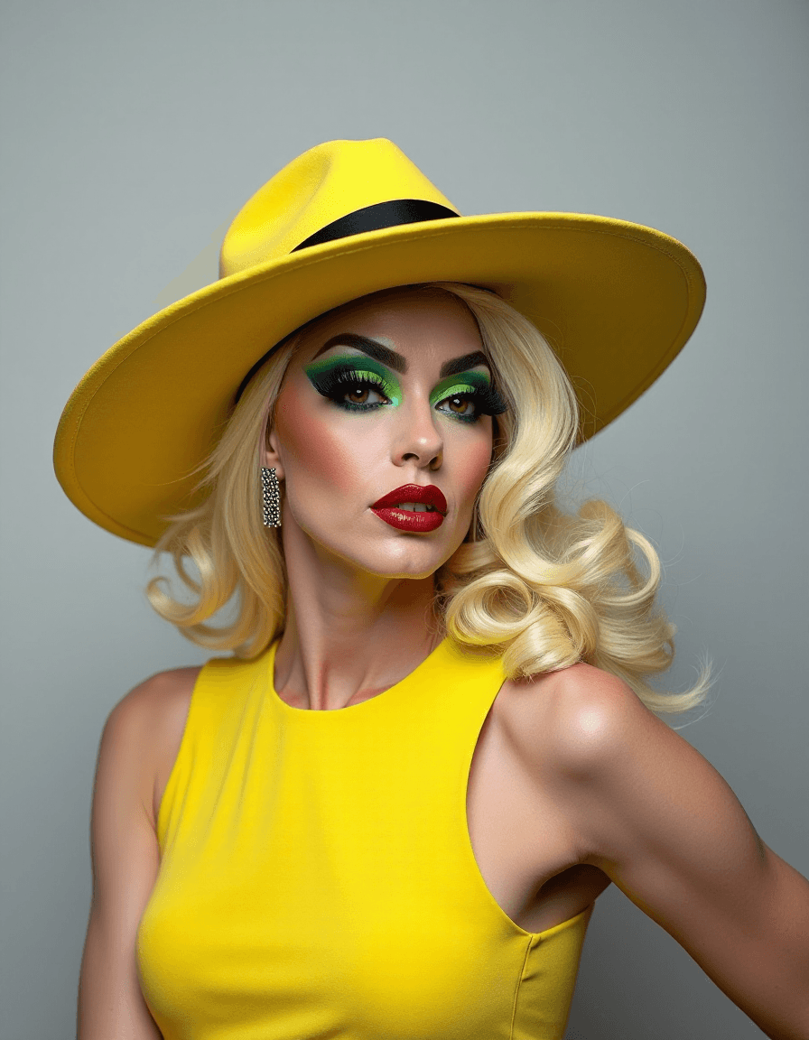 AI generated: The image is a high-resolution photograph of the glamorous drag queen posing against a plain, light ...