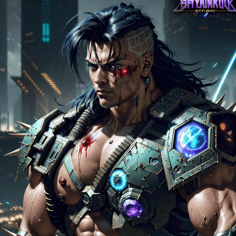 AI generated: the most strongest powerful cyberpunk warrior in the universe, cosmic, epic, muscular, olive smooth ...