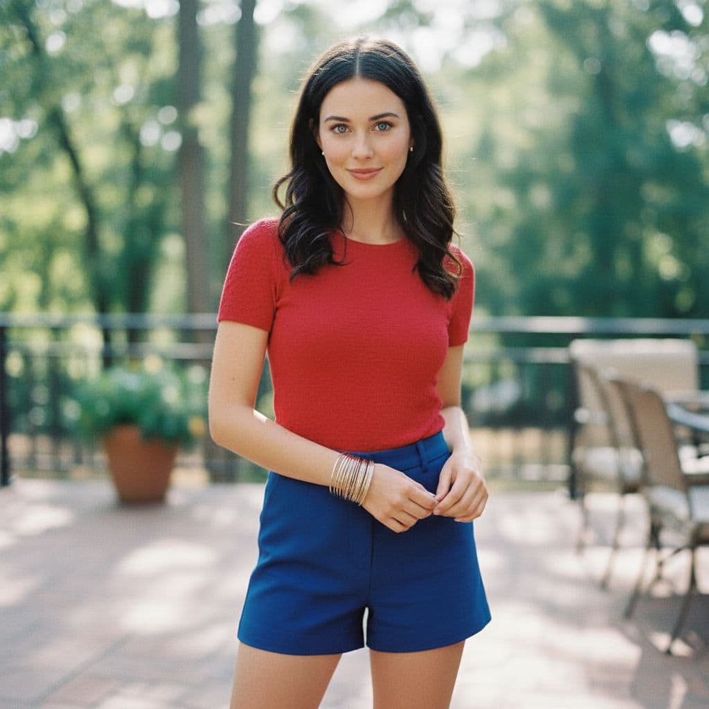 AI generated: Julianne Moore ,18-21 years old, Indian hair style, wearing red top and blue shorts is posing, soft ...