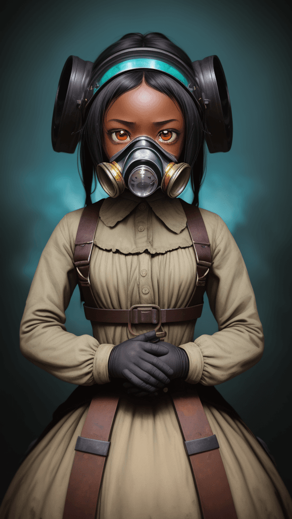 AI generated: complex background portrait of little 
enslaved woman. Wearing a gas mask. Prominent eyes, complex b...