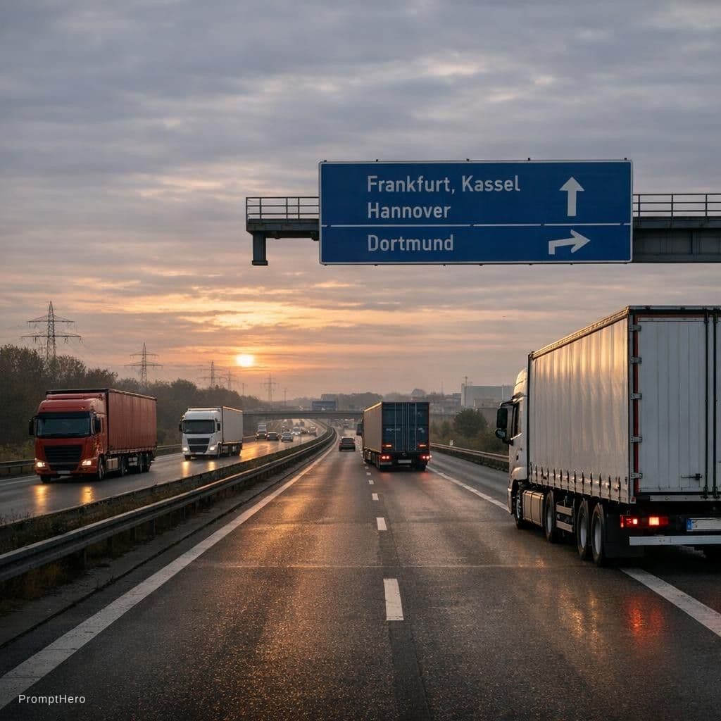 AI generated: ultra realistic corporate photo of freight trucks driving on a German highway at sunrise, industrial...