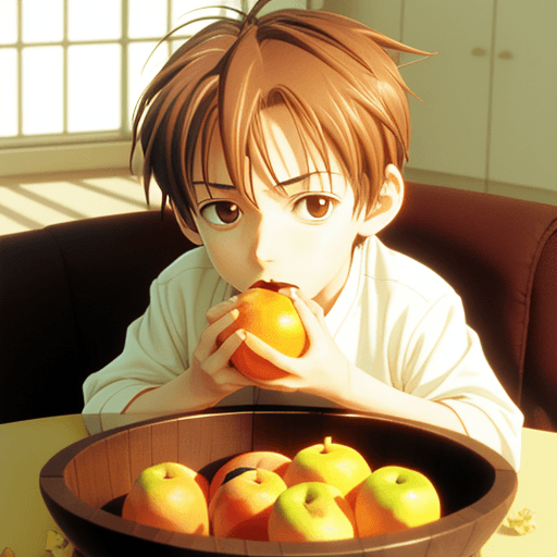 AI generated: fruits, basket, little boy, eating
