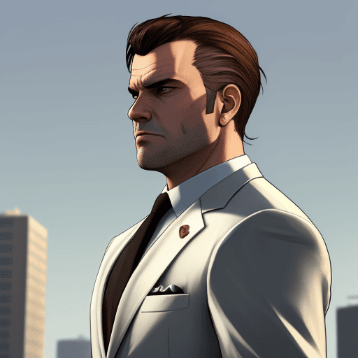 AI generated: gta style, male, side view, business white suit, detalized face, brown hair, look on top, gta styliz...