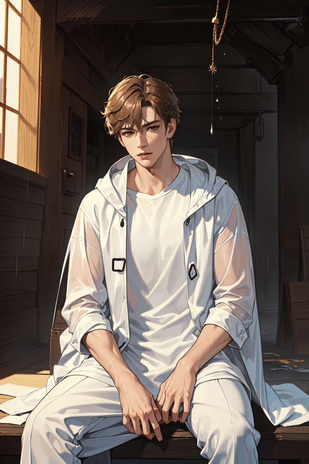 AI generated: absurdres, illustration, male, solo, adult, mature, handsome_male, toned, raincoat, blunt cut, sitti...