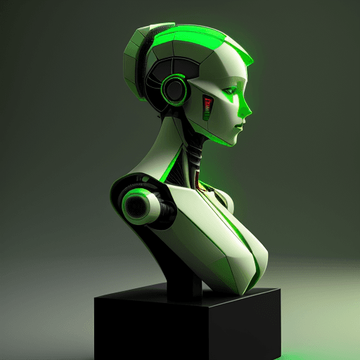 AI generated: 3d rendering, robot, a plaster bust, side view, green color, sleek, solid orange backdrop, rtx shade...