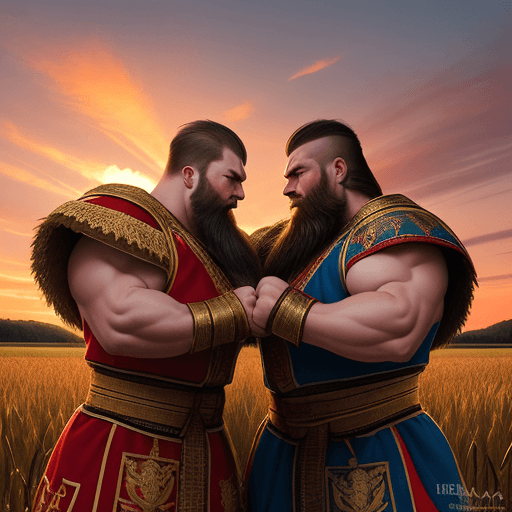 AI generated: Create an image that shows two Russian bogatyrs dressed in traditional Russian national armor, fight...