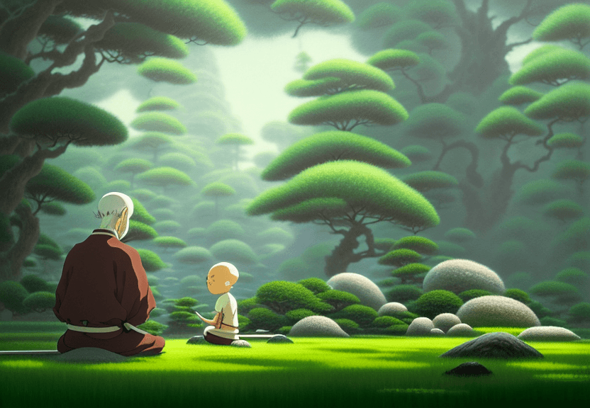 AI generated: create a painting of a zen master sitting in front of a young warrior boy standing and teaching him,...