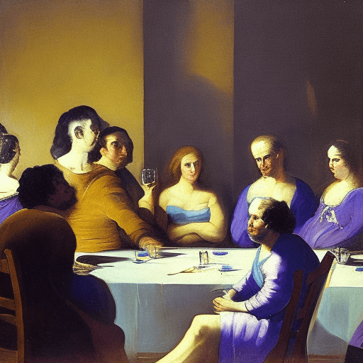 AI generated: A lonely person in the middle of a party, old oil painting in the style of Francisco de goya, blue a...