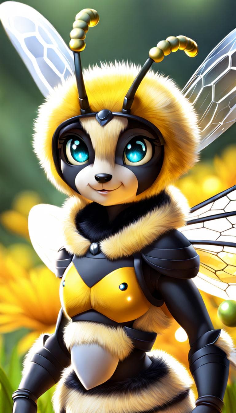 AI generated: "bee, small, greatsword, cute eyes, sparkling eyes, anthro, anthro bug,, bug, antennae, furry"

