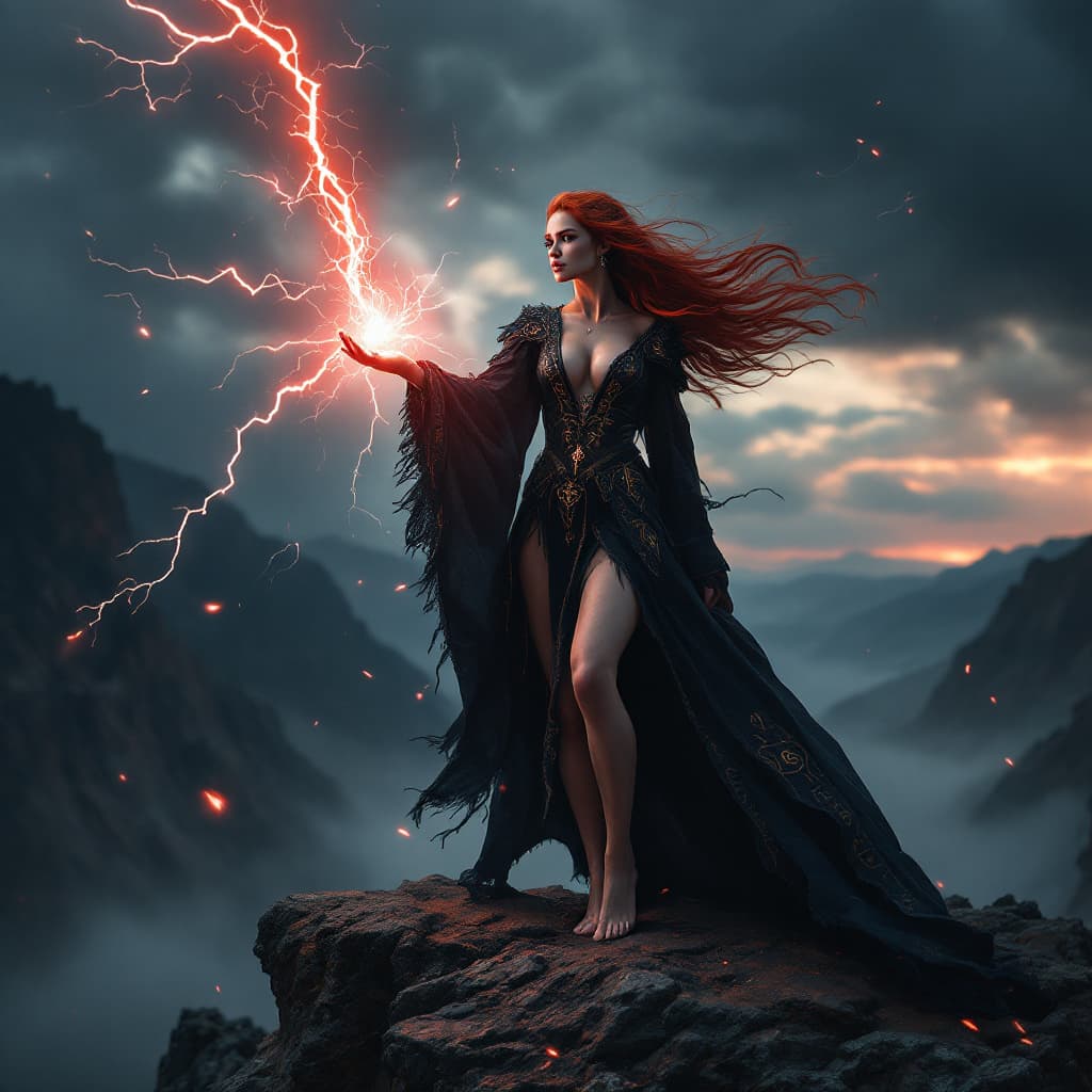 AI generated: Fulll body view A hyper-realistic cinematic video of a beautiful Nordic witch standing atop a rugged...