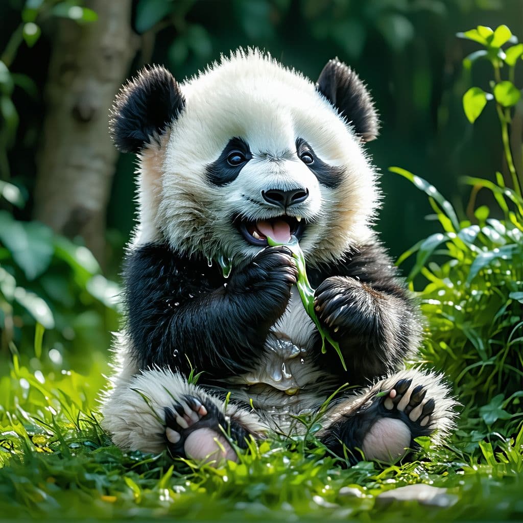 AI generated: A panda baby so happy to be eating he’s smiling, fat and cute on grass. hyper realistic, 8k, masterp...