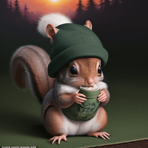 AI generated: Ultra-detailed illustration depicting a baby squirrel wearing a baggy American hat and a cap with a ...