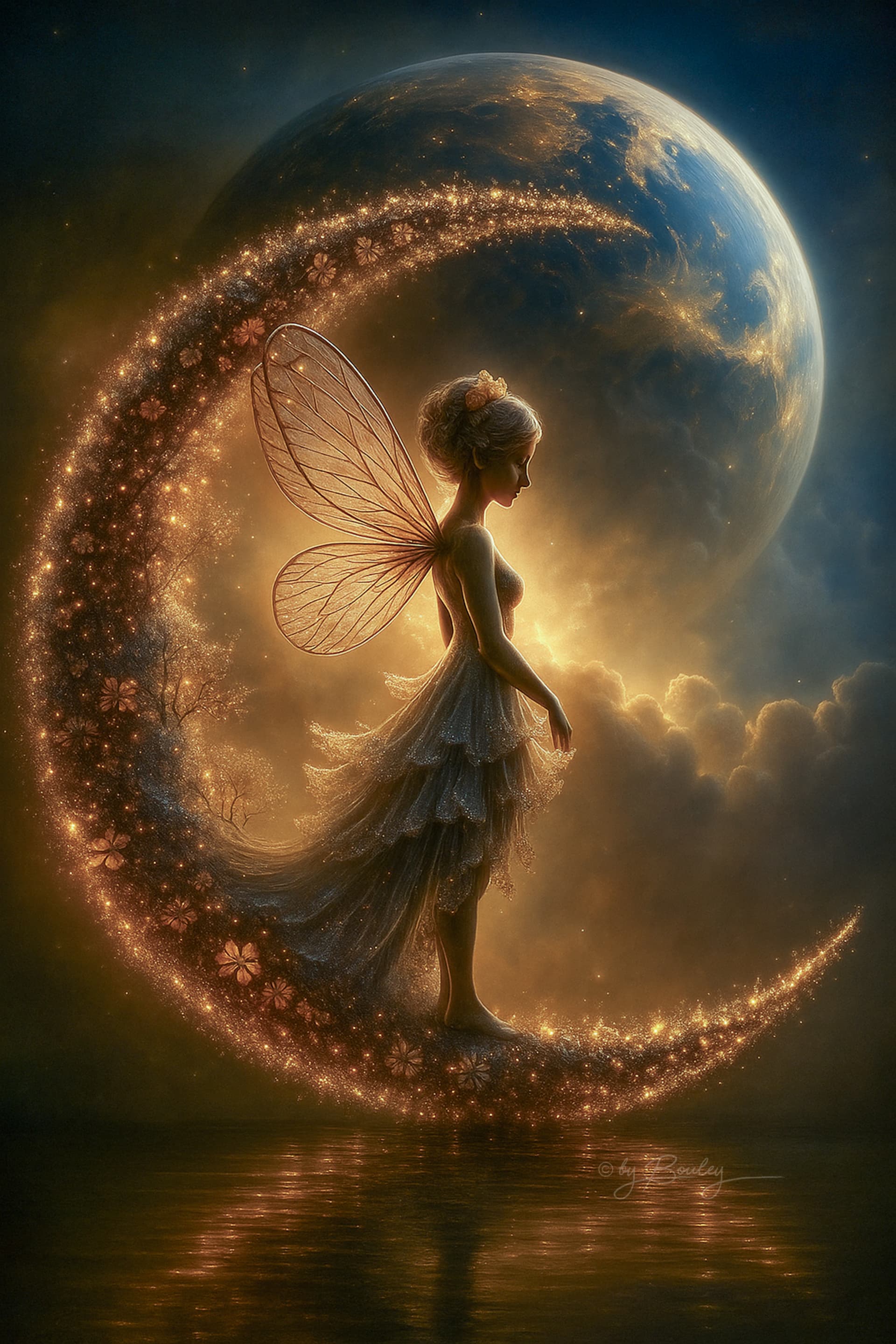 AI generated: Create an ultra-realistic digital fine art painting depicting a luminous fairy standing gracefully o...