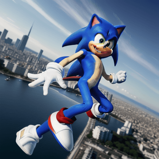 AI generated: Create an action shot of Sonic from the Sonic the hedgehog games, wearing his white gloves. he is ha...
