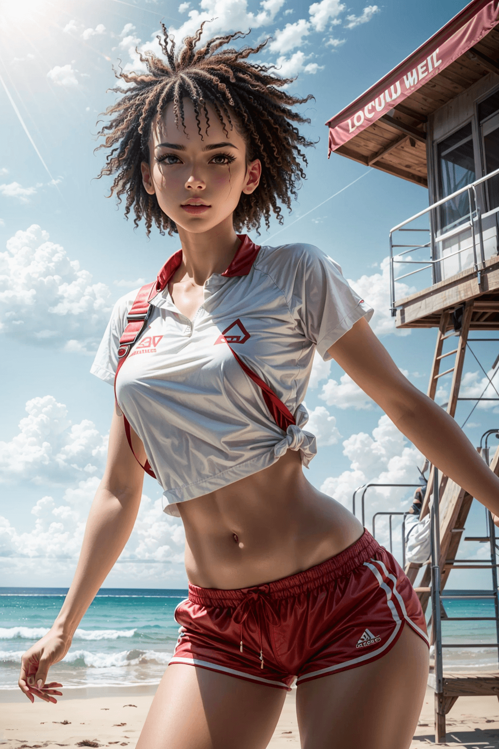 AI generated: 1girl, (full body), (action shot), (dynamic pose), (a girl as a lifeguard wearing a plain white shir...