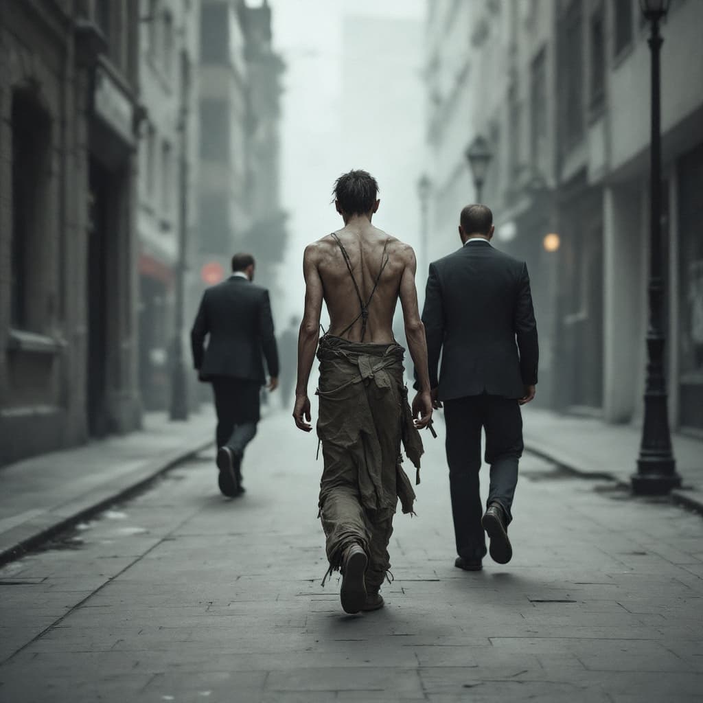 AI generated: A thin man dressed in ragged clothes walks along a wide street, accompanied by two guards in busines...