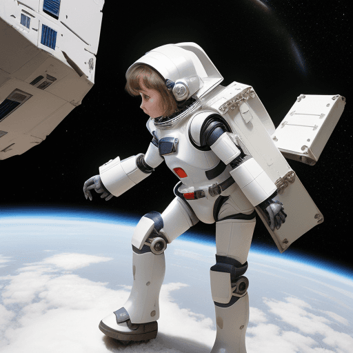 AI generated: a girl with white armor rescuing her small robot in the space



