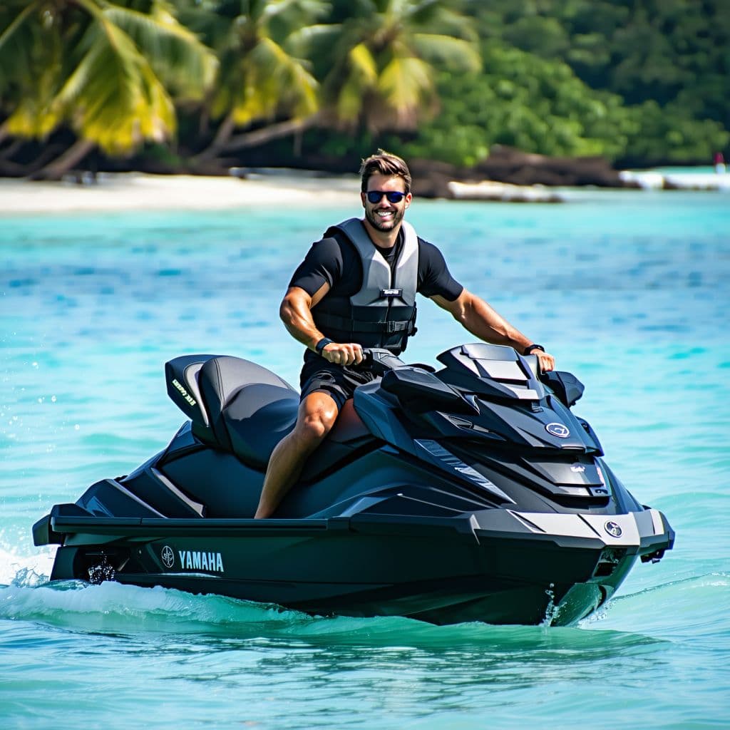 AI generated: General outline of a latest model black yamaha jet ski only, 3 seater sitting in calm water  with a ...