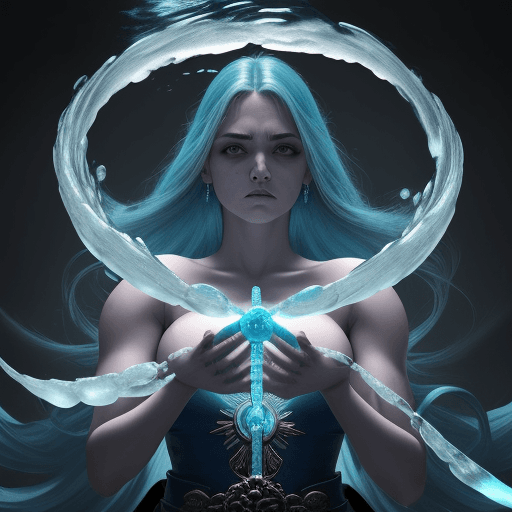 AI generated: Uma mulher feiticeira badass e cabelo azul, feita de água e gelo invocando um dragão gigante, lágrim...