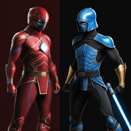 AI generated: a tall black and blue ninja that looks like sub-zero with a sword and red belt. versus a man in a RE...