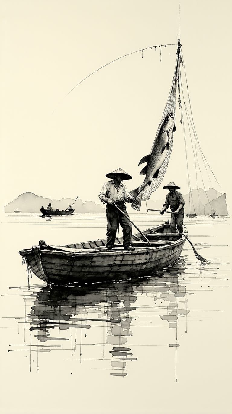 AI generated: vaA hand-drawn black ink illustration of two fishermen on a wooden boat pulling a fishing net with a...