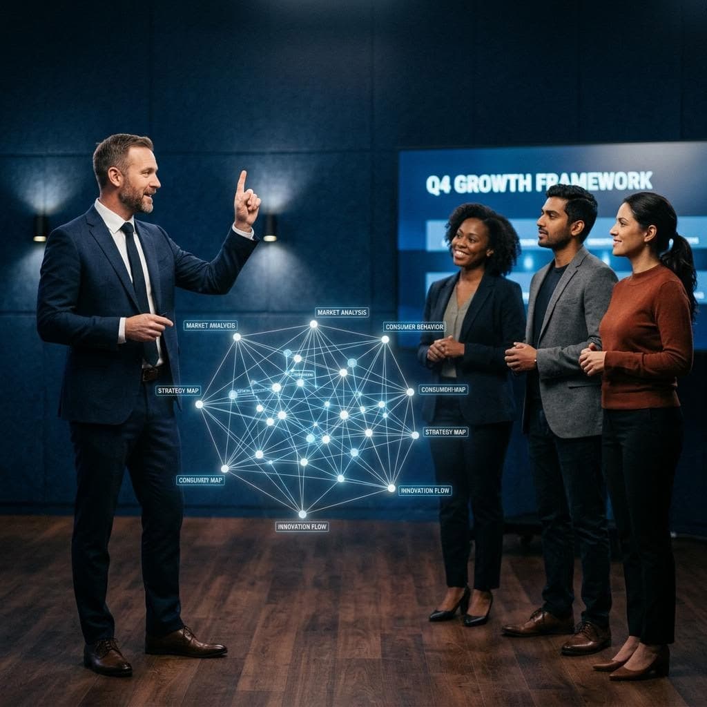 AI generated: A cinematic, realistic photo of a business presentation scene with four real people against a dark b...