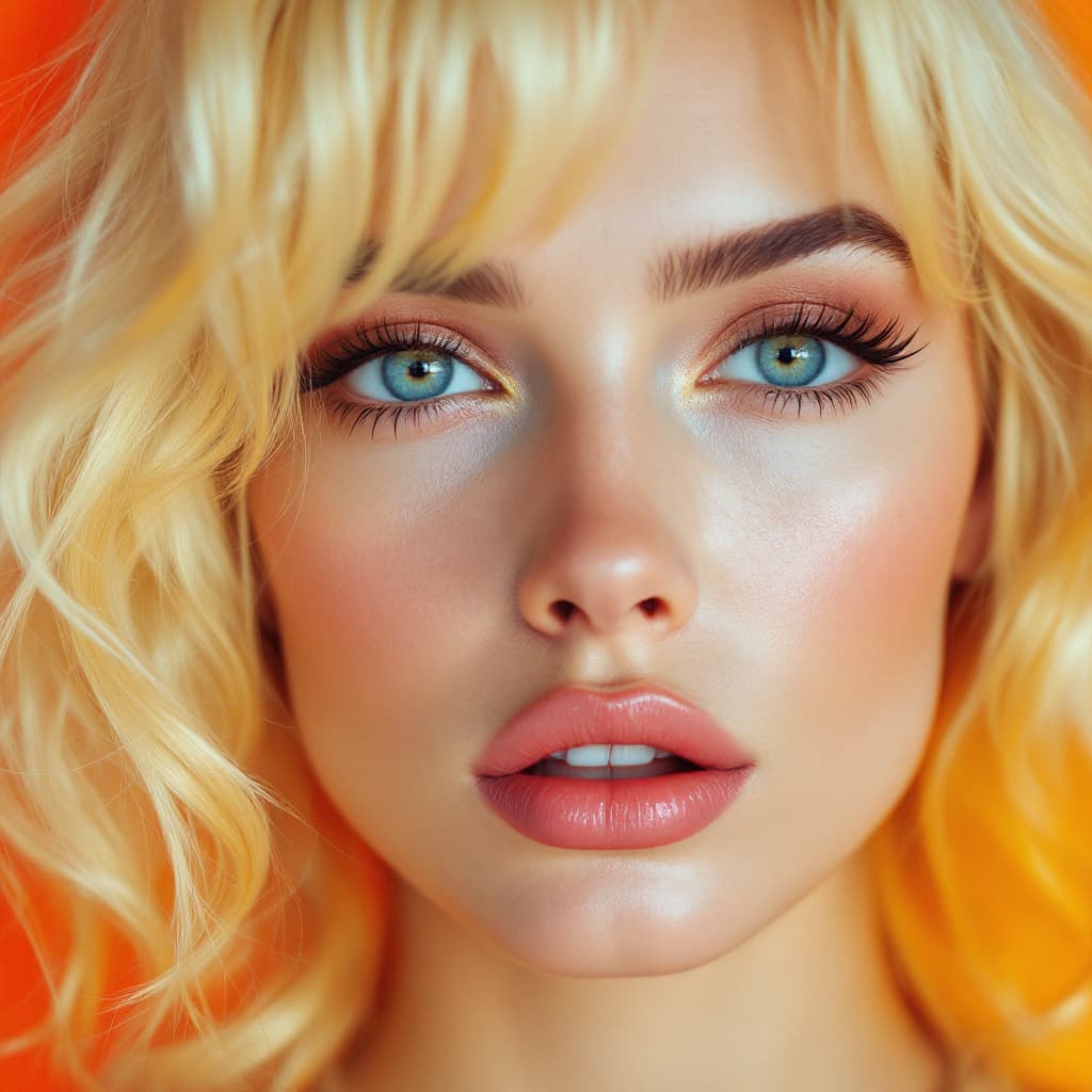 AI generated: A close-up portrait of a woman with vibrant blond hair, the woman's face sharply detailed, with a st...