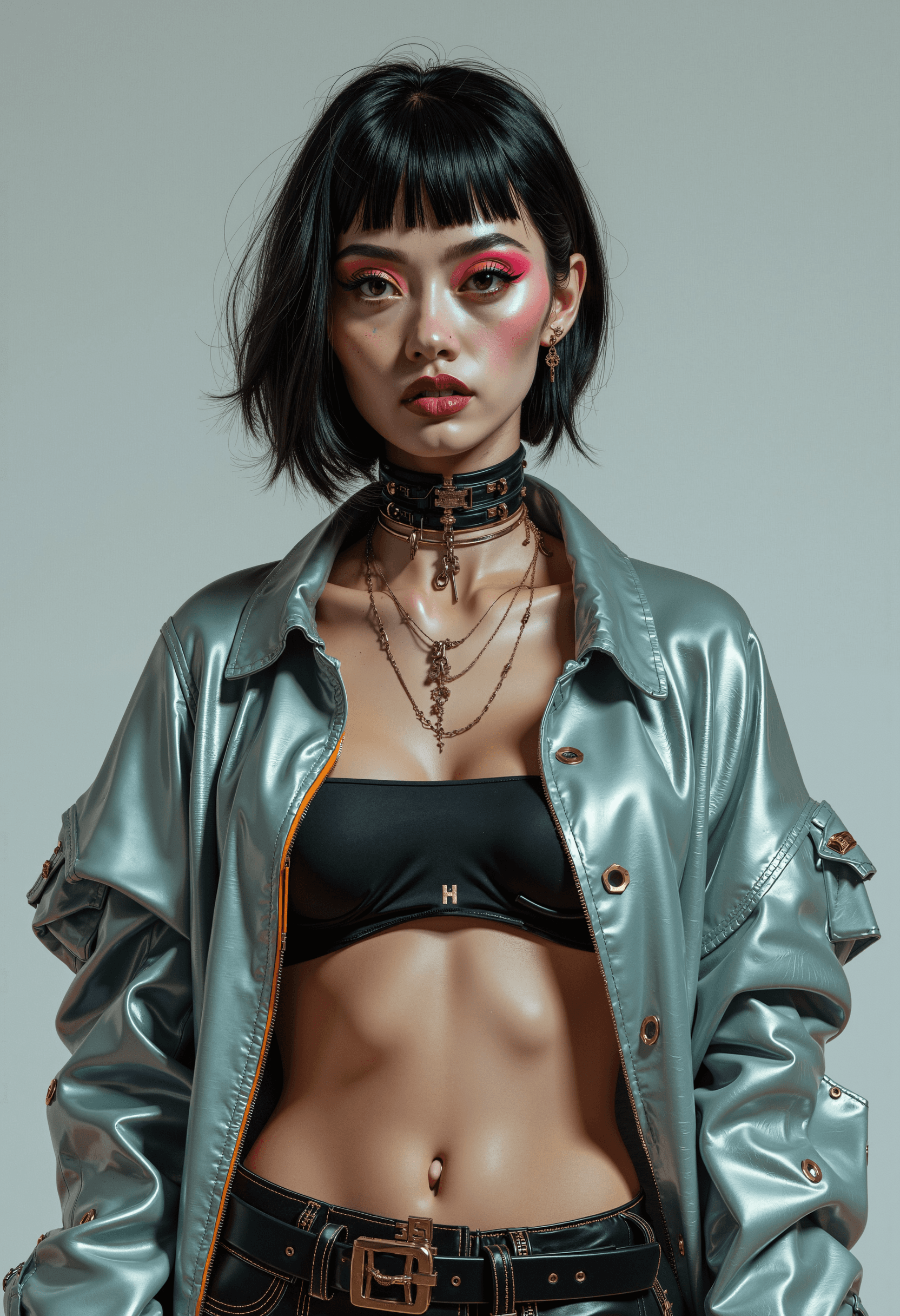 AI generated: Full-body portrait of a futuristic woman with a retro hacker aesthetic. She has a melancholic and sl...