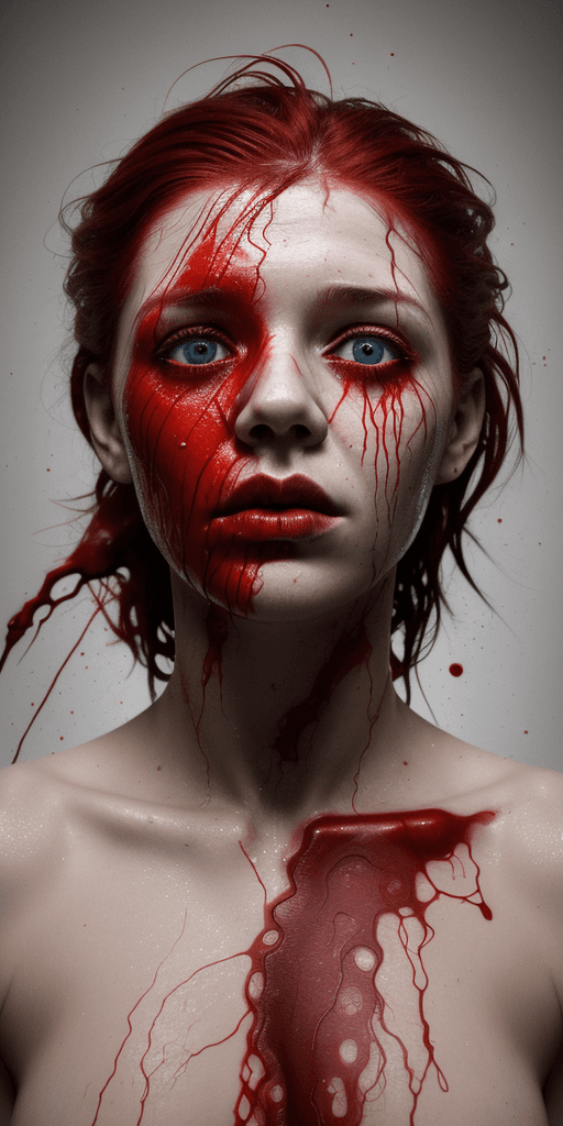 AI generated: A half body portrait of a battered and wounded made of blood, half body is submerged in blood, blood...