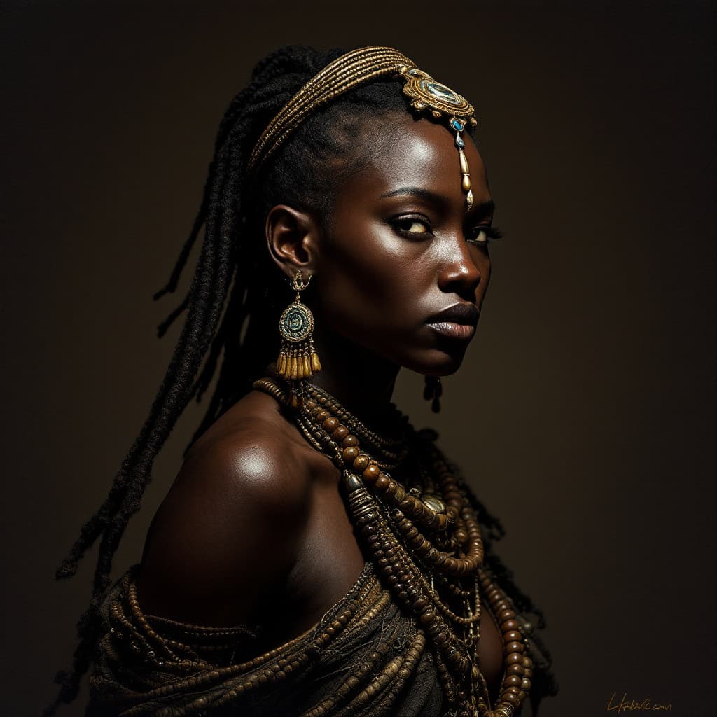 AI generated: A full-body portrait of a female Himba warrior with dramatic side lighting, inspired by the work of ...