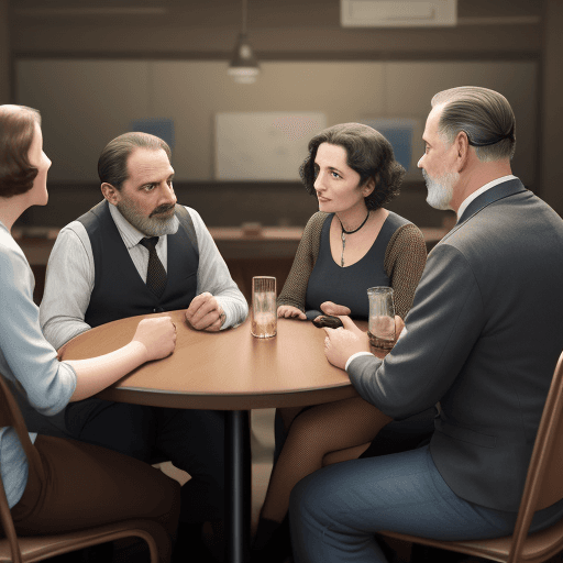 AI generated: Meeting of 3 persons 1 woman in 30s, 1 man i 40s and a middle aged man sitting across a table lookin...