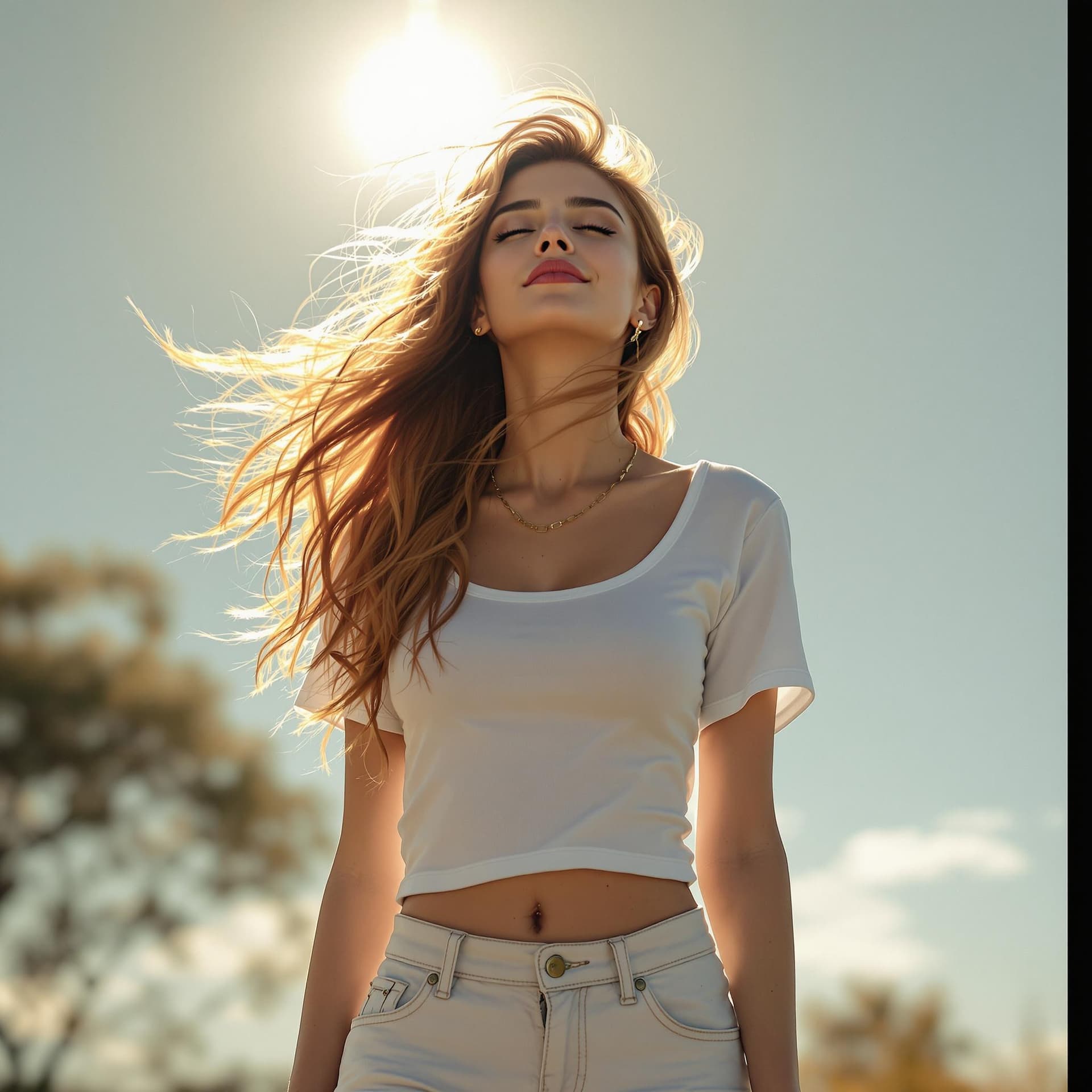 AI generated: Foto de cuerpo entero de una chica americana pelo rojo, vestida con un top blanco de manga corta y p...