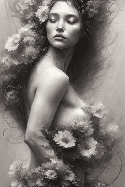 AI generated: charcoal drawing of a full figure of woman dancing in the wind with flowers in her hair, a charcoal ...