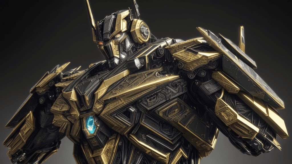 AI generated: Transformers, intricate details, metallic texture, black and gold mecha, dynamic posture, azure eyeb...