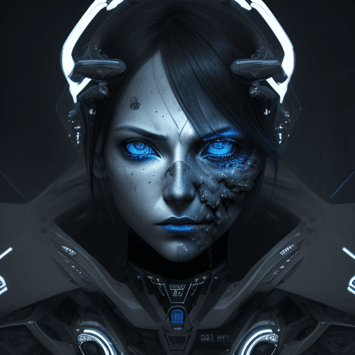 AI generated: artistic, synthetic mechanic face, complexity with details, eye detailing, deep gaze, limited colors...