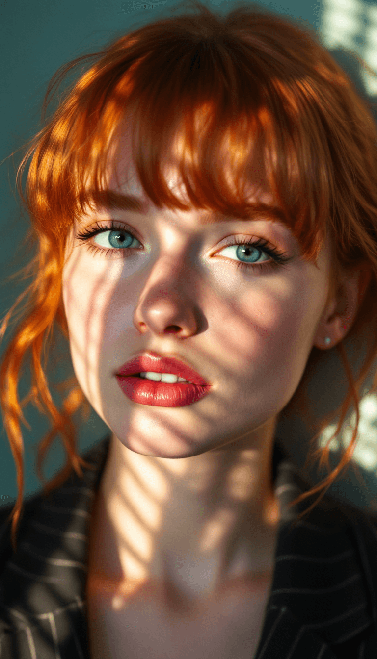 AI generated: Close-up portrait of a 20-year-old redhead woman with bangs, illuminated by the soft, warm afternoon...